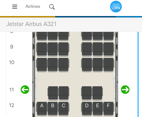 Seat Map on Aerolopa for Jetstar Airbus A321