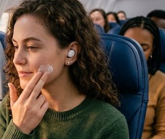 Lady putting moisturizer cream on while seated on aircraft