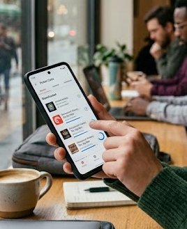Person downloading podcasts and content onto their smartphone