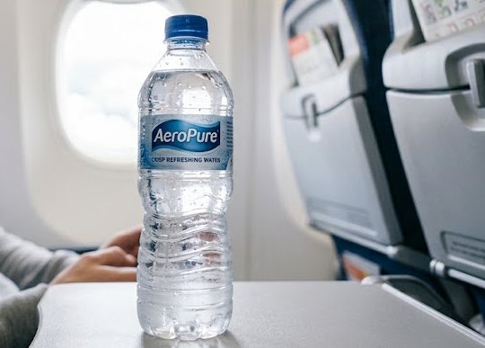 Water bottle on an aircraft tray table.